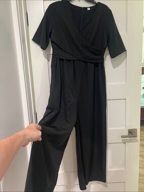 Black Wrap-Front Jumpsuit with Short Sleeves